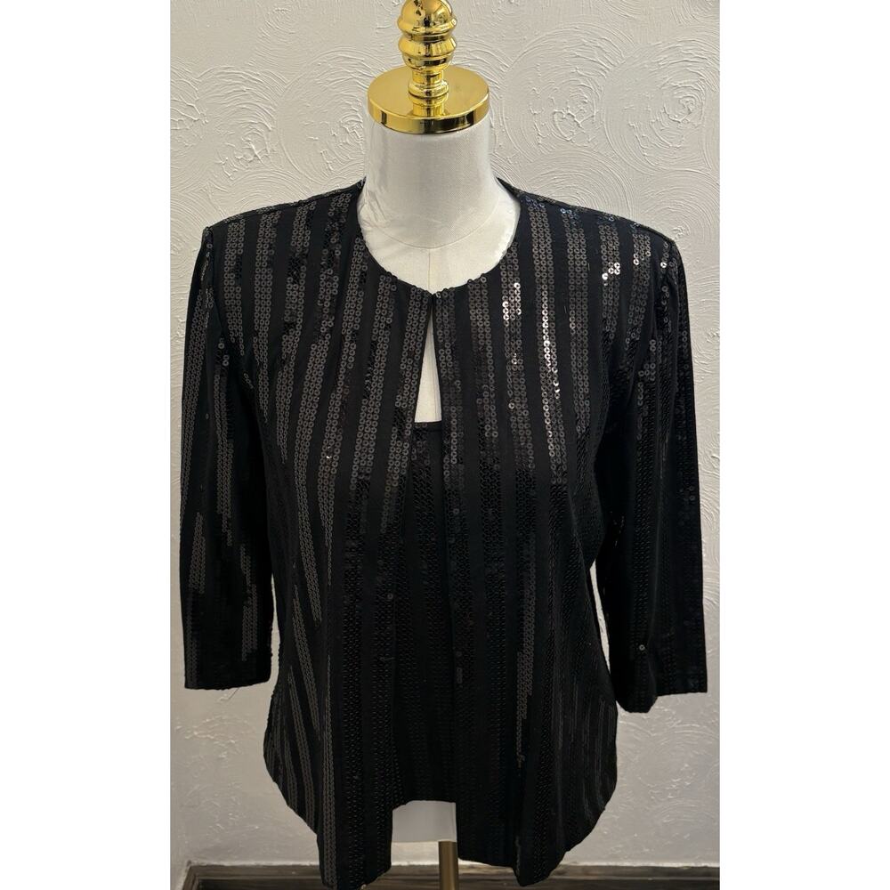 Alex Evenings Women’s 2 Piece Jacket/Tank Set Black Sequin 3/4 Sleeve Medium